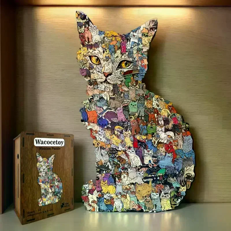 Unikalne drewniane puzzle w kształcie kota, 194 elementy, idealna gra i prezent dekoracyjny dla miłośników kotów, zawiera skarbonkę.
