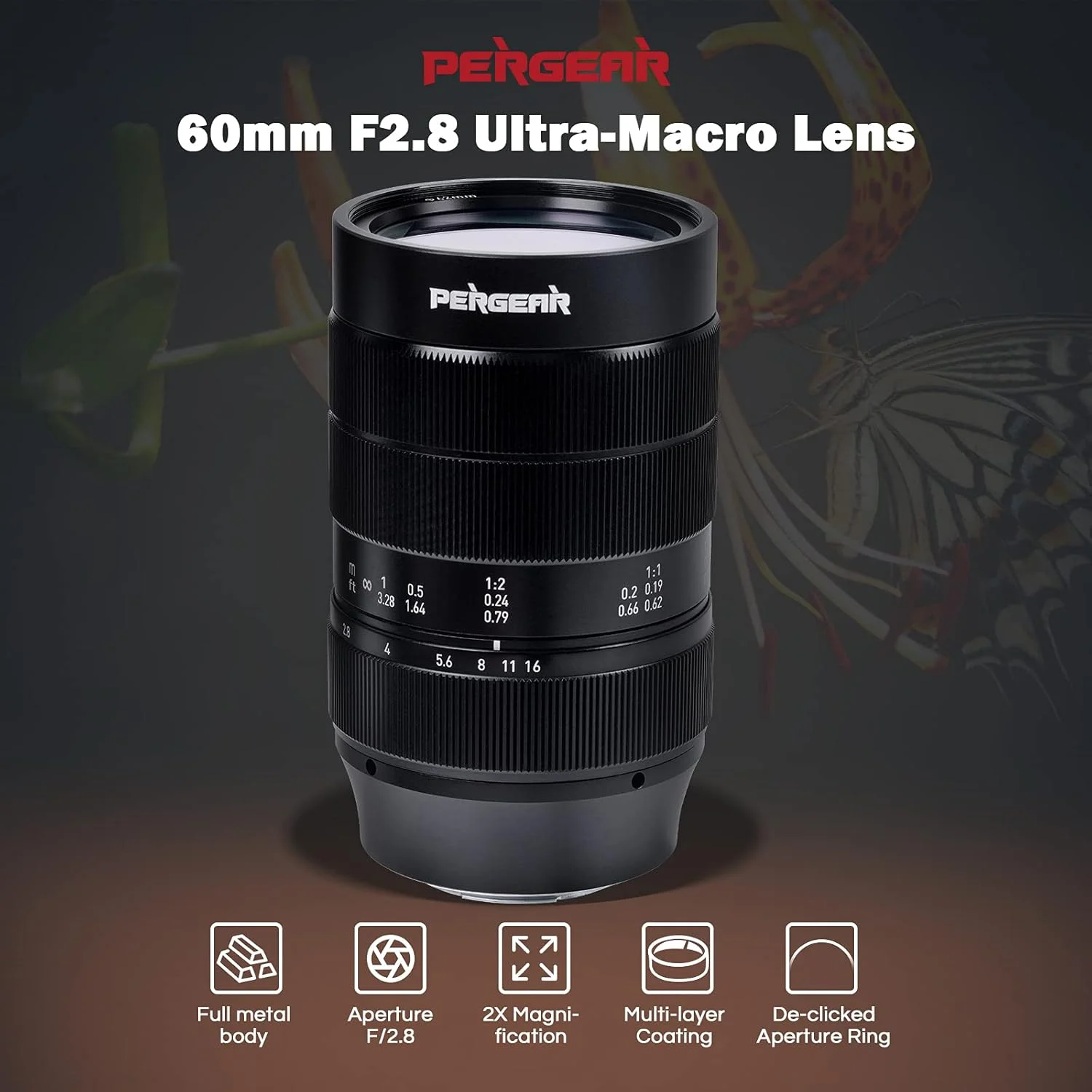 PERGEAR lensa Ultra makro 60mm F2.8 II, dengan perbesaran 2X kompatibel dengan Sony E Nikon Z Fuji X M4/3 ﻿