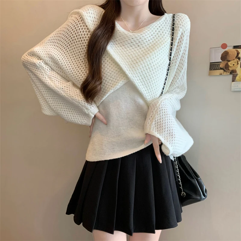 Efek Pelangsingan 2025 Musim Gugur Musim Dingin Desain Korea Baru Rajutan Penutup Bahu Wanita Set Fashion Lengan Panjang...