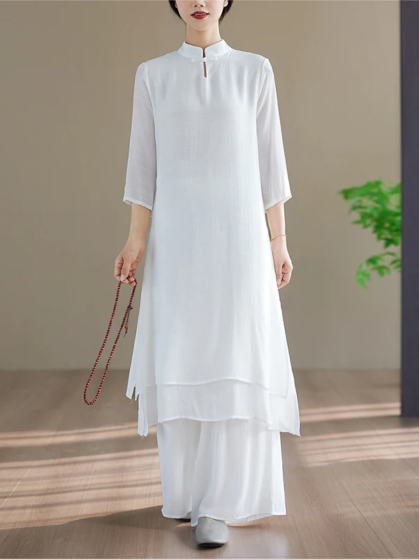 

Women's Tea Ceremony Wide Leg Pants Set Double Layer Zen Cotton Linen Yoga Clothing Buttoned High Waist Nine Points Long