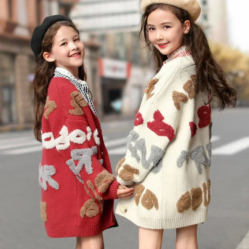 2024 Girls autumn winter Fresh Sweater Jacket Mid-Length Coat Casual Fashion Loose Cloth Letter Knitting Cardigan 4 8 10 12 year