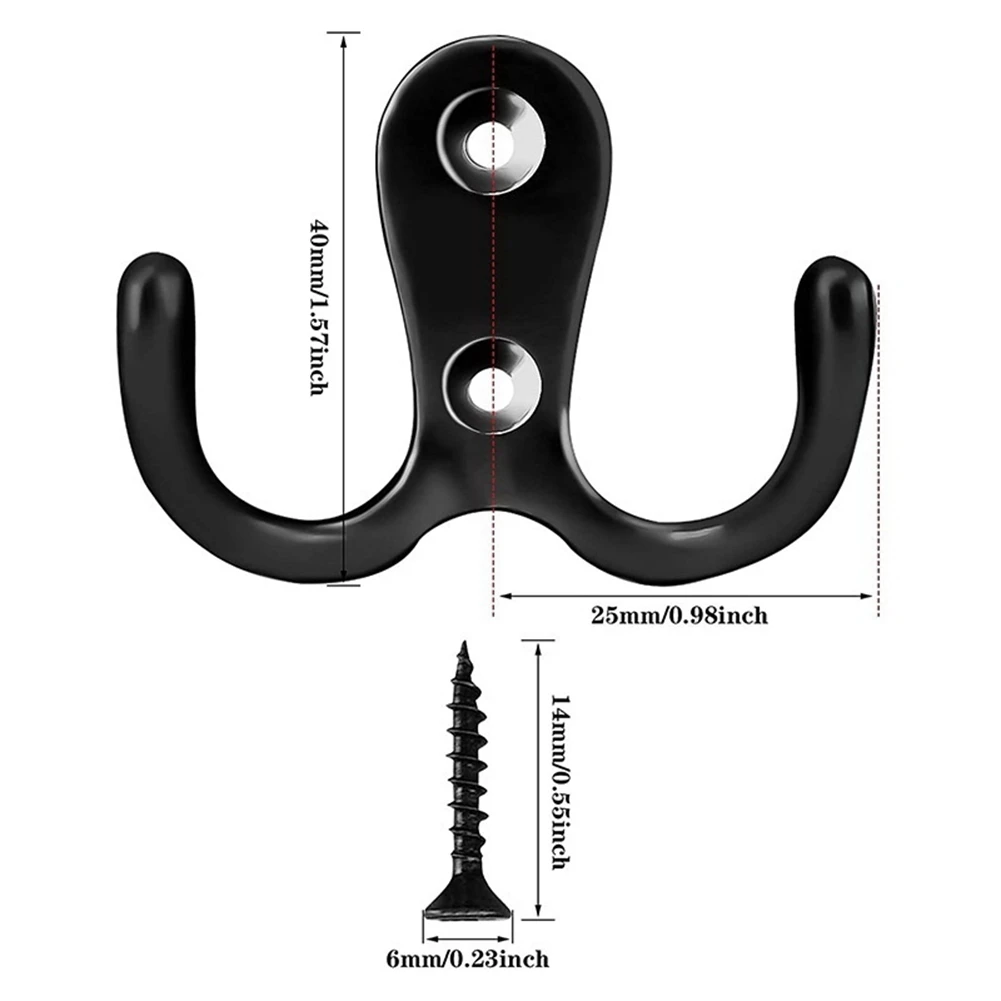 Double Prong Robe Hook with Screws, Dual Coat Hooks Wall Mounted Hanging Clothes for Bathroom Bedroom Door Wall (Black)