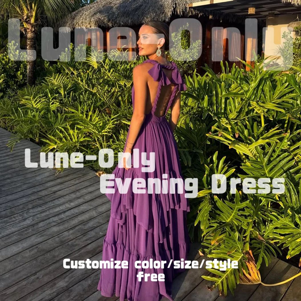 

Customized Purple Backless Elegant Women Evening Dresses For Formal Occasion Tiered Sleeveless V-neck Prom Dress Party Gown