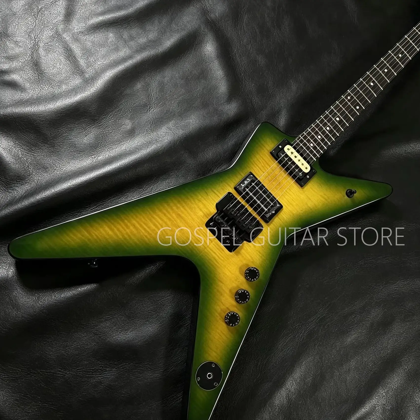 Dimebag Electric Guitar With Gradient Green Flame Maple Veneer Dual High-Power Pickups, Golden Double Tremolo Bridges, Rosewood Fingerboard Signature Heavy Metal Shape Suitable for Both Recording And Live Performances