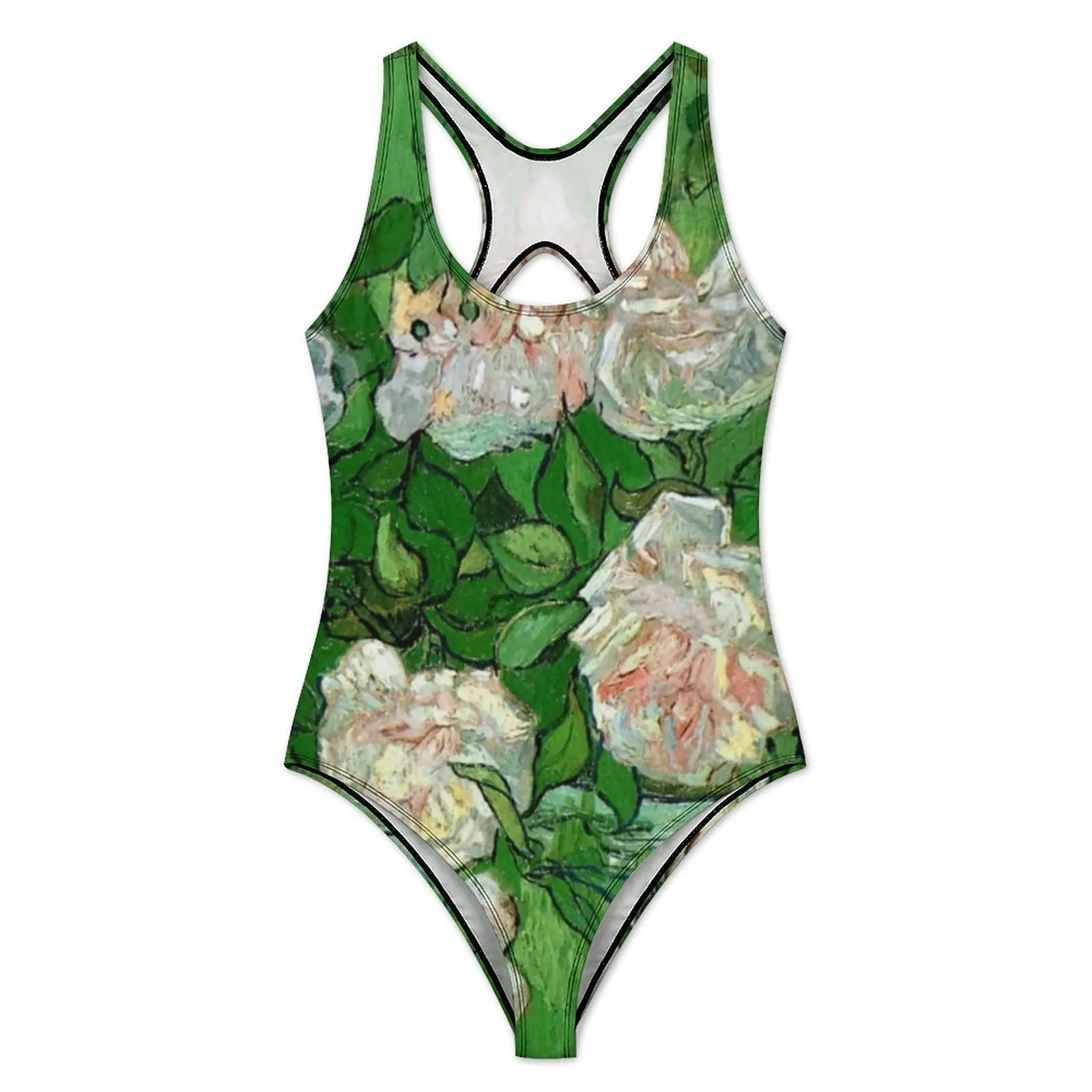 Pink Roses Print Swimsuit Sexy Vincent Van Gogh One Piece Swimwear Push Up Bodysuit Retro Holiday Swim Beach Wear