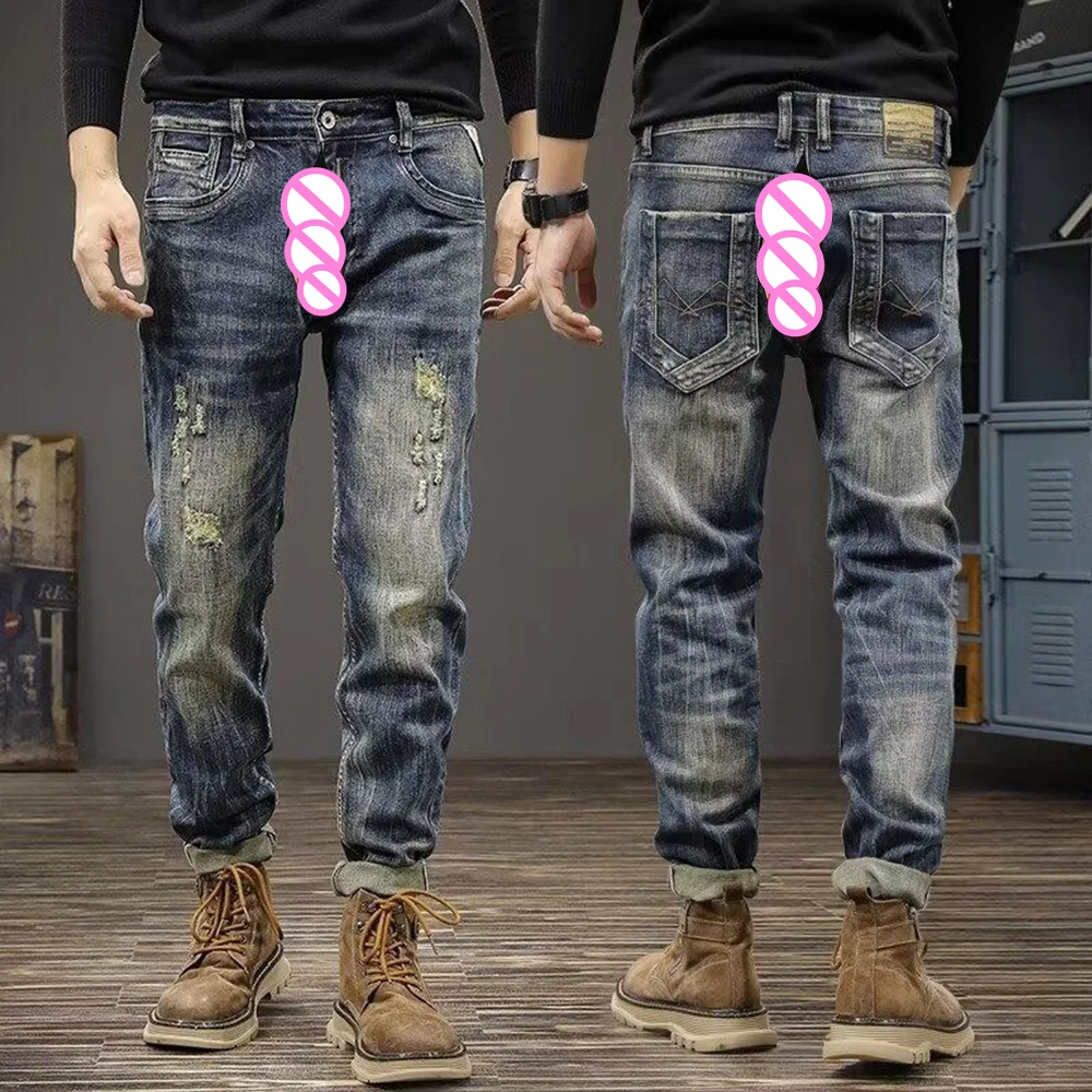 Patch Denim Invisible Open Crotch Outdoor Sex High-End Fashion Ripped Jeans Men's Streetwear Vintage Slim Casual Pants