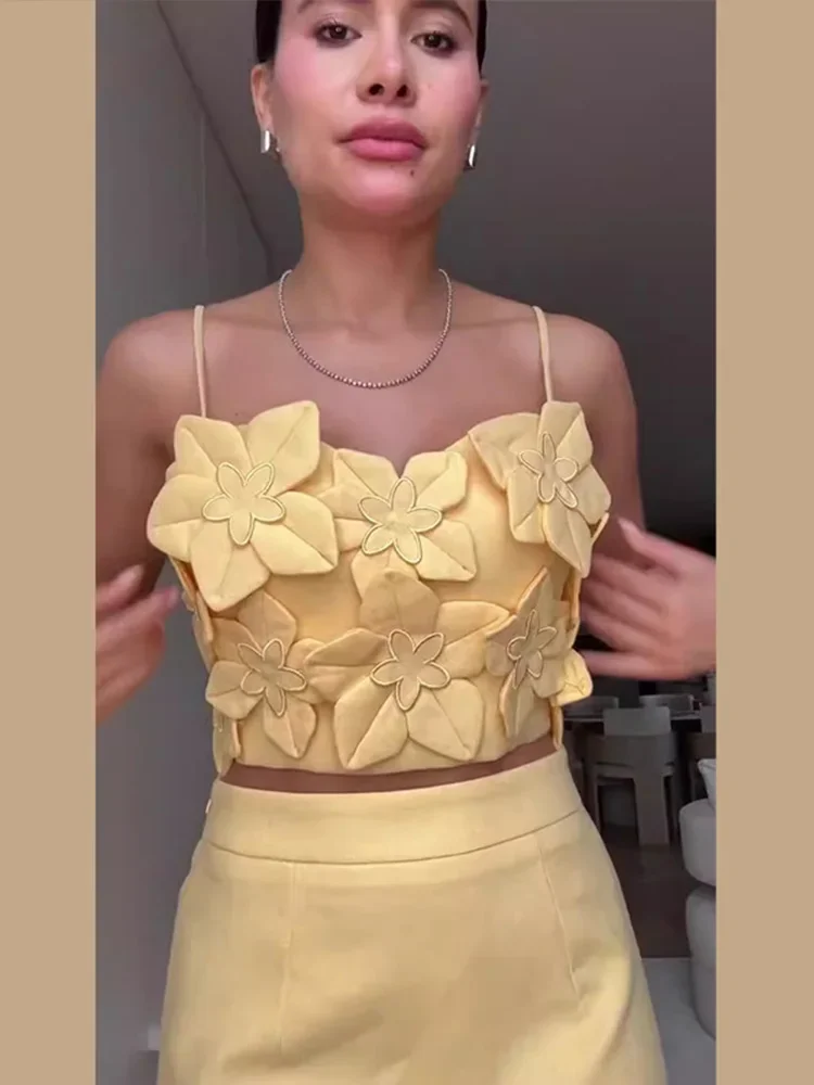Elegante 3d flor superior mini saia terno feminino deslizamento sem costas recortado topo de cintura alta a linha saias verão senhora ternos de praia