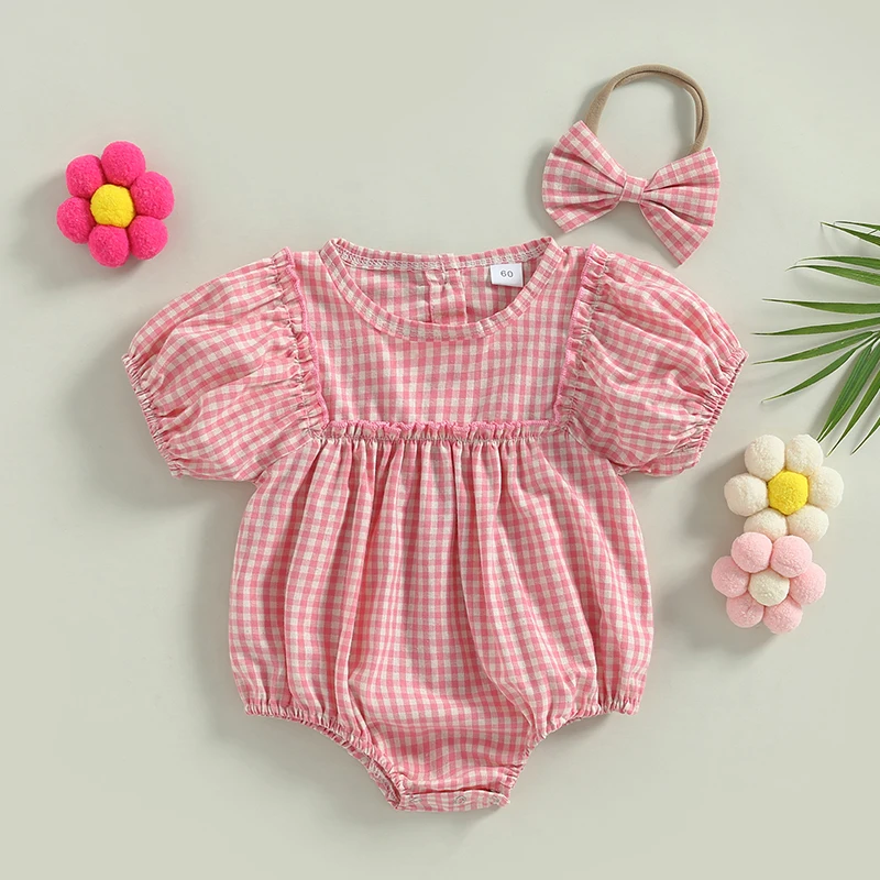 Newborn Baby's Clothes Girl 2Pcs Summer Outfits Short Puff Sleeve Plaid Print Romper with Headband Chilldren's Clothing Set