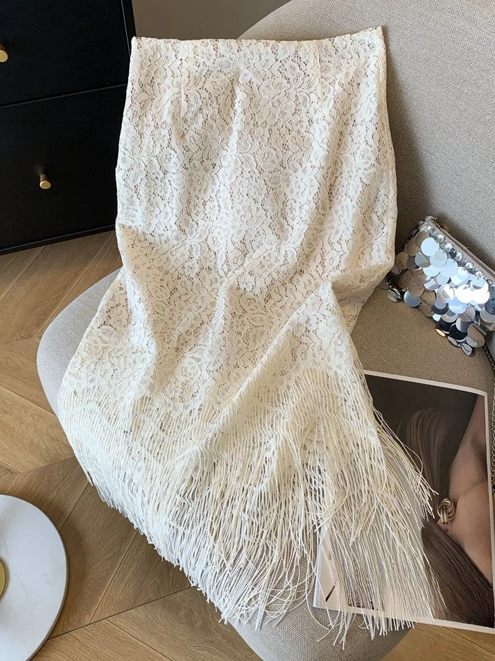 2025 Spring Summer Women High Waisted Beige Lace Tassel Irregular Pencil Skirt , Woman Fashion French Slim Skirts
