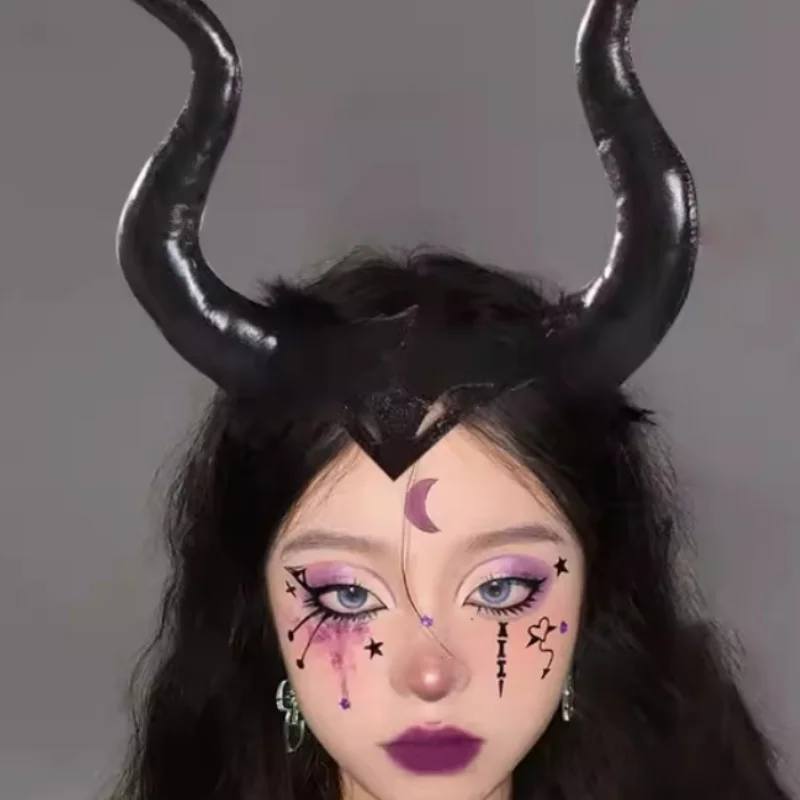 Longue bande de sauna en corne de bœuf démon pour femme, cerceau à cheveux scintillant, costume de cosplay, accessoire de pièce de sauna magique, reine maléfique, Halloween, nouveau