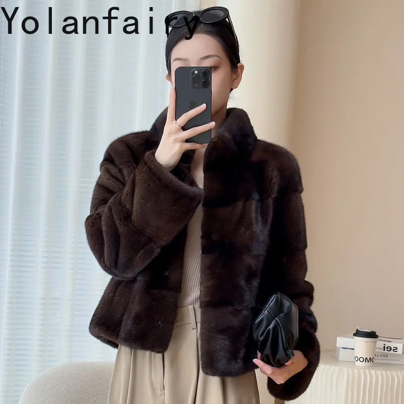 YOLANFAIRY Prawdziwe futra dla kobiet Zimowe luksusowe płaszcze z naturalnego futra norek 2025 Krótka kurtka z futra ze stójką Szara kurtka futrzana Abrigo Mujer
