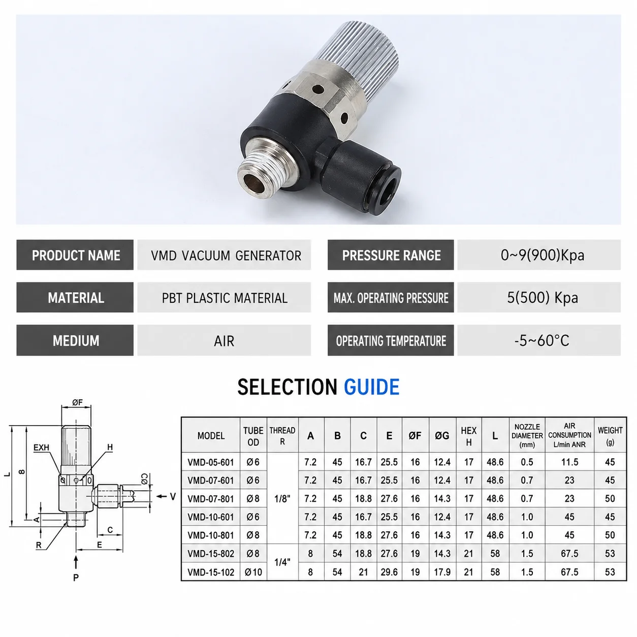 2Pcs VMD Vacuum Generator Pneumatic Negative Pressure Generator High Suction Vacuum Ejector Air Vacuum Pump Pneumatic Fitting