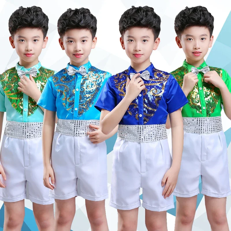 Jazz Dance Costumes Kids Stage Show Clothing Short Sleeve Sequin Performance Colorful Costume Children Practice Suits DNV11582