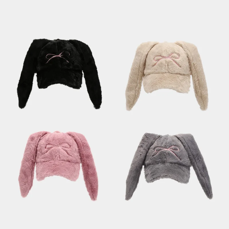 Women Fuzzy Bunny Ear Baseball Cap with Pink Bow Embroidery Adjustable Winter Warm Hat Black Beige