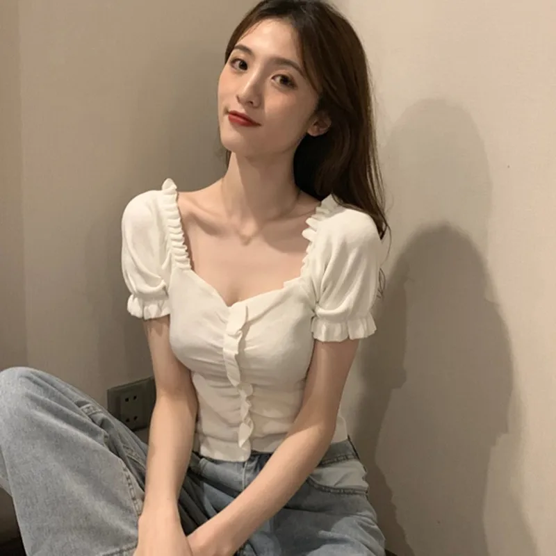 Women Korean Version Fashion Sweet Solid Color Short Sleeved V Neck Slim Knitted Tops Summer Ribbed Pullover T Shirt