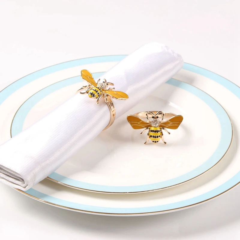 M04K 24PCS Yellow Bee Design Metal Napkin Ring Towel Buckle Bee Napkin Holder Wedding Party Holiday Hotel Table Decoration