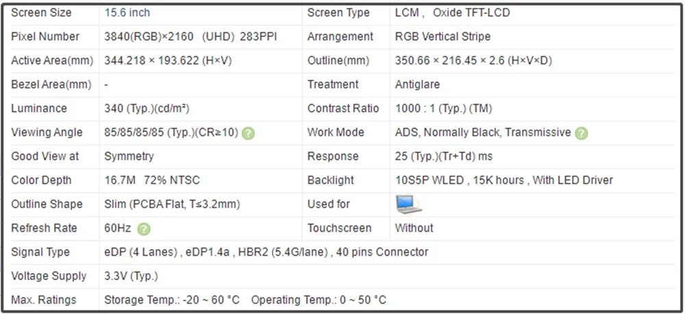 노트북 LCD 스크린 패널 UHD 3840x2160 60Hz 슬림 EDP 40 핀 72% NTSC 340 (유형)(cd/m²), NE156QUM-N63 NE156QUM N63, 15.6 인치