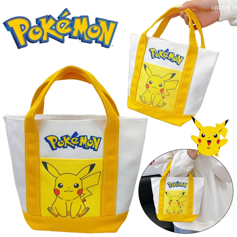 Pokemon Pikachu Handbag Cartoon Large Capacity Bento Lunch Bags Portable Canvas Tote Shopping Pouch Student Camping Picnic Bags