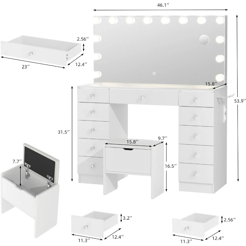 فانيتي مع مرآة مضاءة - مكتب مكياج زجاجي مع أضواء و11 درج، 3 أوضاع إضاءة قابلة للتعديل #2