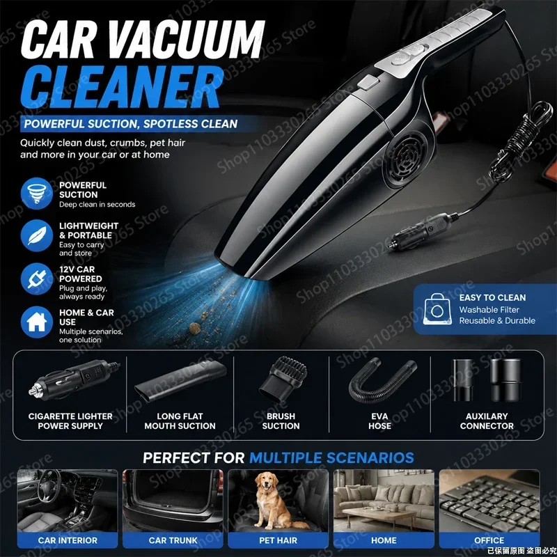12V DC Portable Car Vacuum Cleaner, Strong Suction Handheld Vacuum with Washable HEPA Filter for Auto Detailing