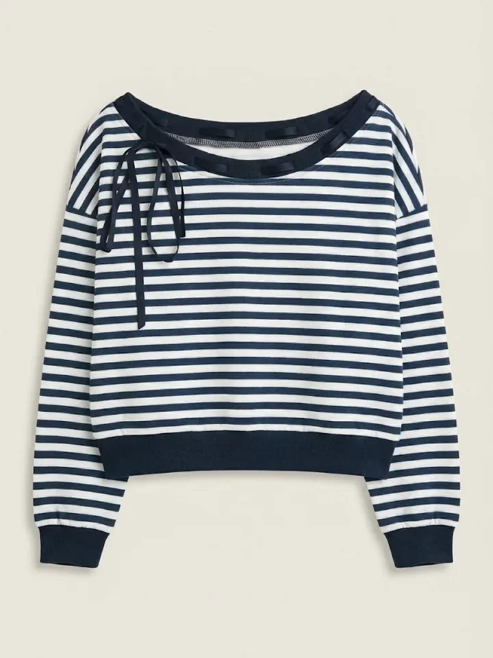 

Female Fashion Loose Pullover Sweatshirt Autumn New Casual Lazy Style Slant Neck Off Shoulder Classic Striped Hoodie for Women