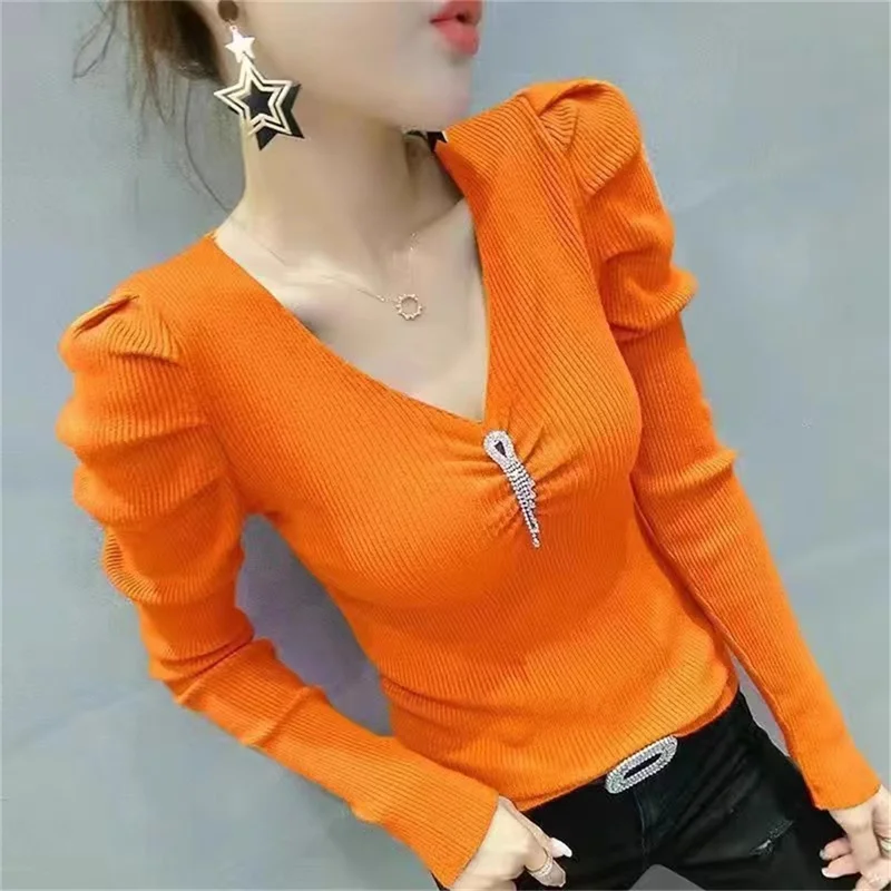 

Autumn V-neck Knit Sweater For Women Autumn Winter 2024 New Slim Fit Slimming Puff Sleeves Long Sleeved Diamond Sweater Women