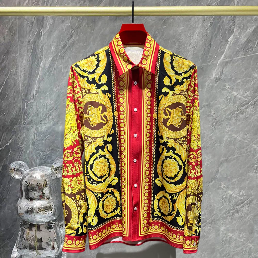 

Мужская рубашка в итальянском британском стиле с длинным рукавом и цветочным принтом, платье-рубашка с винтажным принтом, Camisa Masculina, повседневные рубашки в социальном золотом дворце