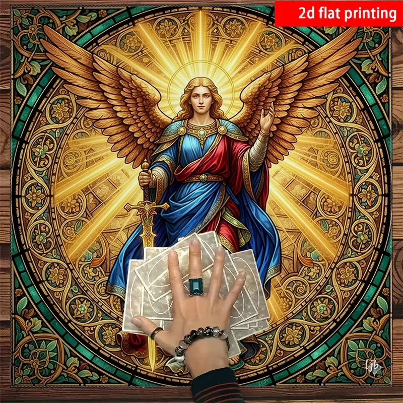 Tarot Cloth Astrology Sun Tarot Cloth Three Card Spread 2D flat printing, 1pc color imitation glass painting angel ornate view 6