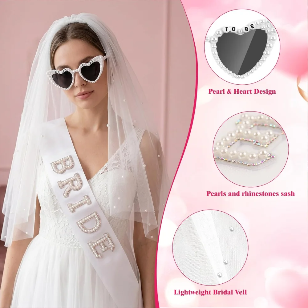 Braut-Zubehör-Set mit Schleier, Schärpe und Sonnenbrille für Junggesellinnenabschied, Brautparty, Verlobung, Strand, Flitterwochen, Foto-Requisiten – Detail 2