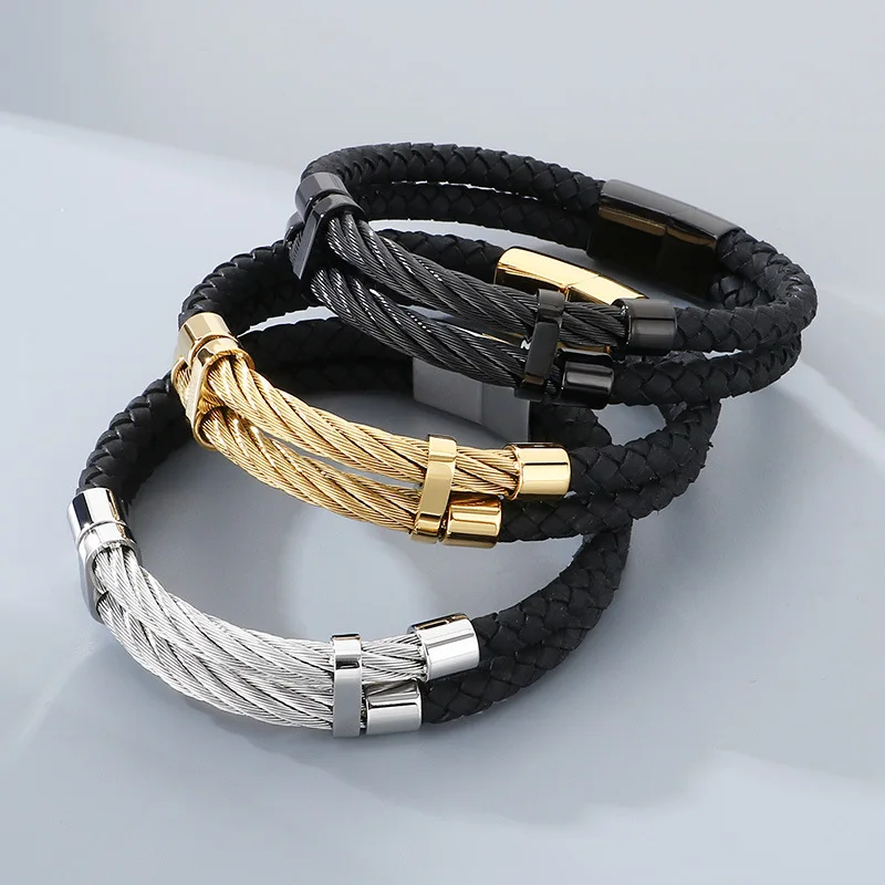 Men's Double-Layer Leather Rope Wristband - Stainless Steel Weaved Braided Wire Bracelet 6mm 8.26''