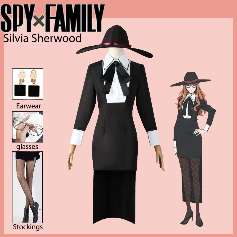 

Sylvia Sherwood Cosplay Costume Anime Spy Killer Assassin Gothic Halter Black Dress Outfit Uniform with Leather