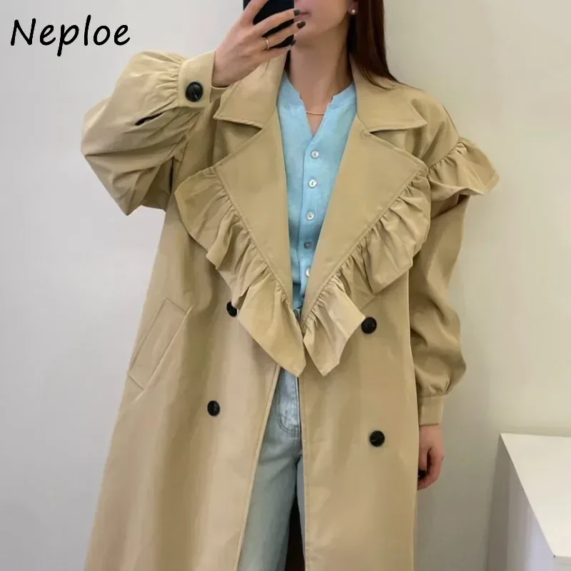 Neploe Korean Chic Niche Sweet Ruffle Edge Splicing Long Windbreaker Coats Femme 2024 Autumn Solid Color Lapel Color Trench