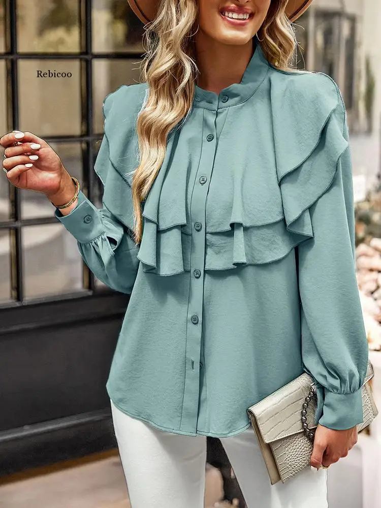 

Autumn Elegant Ruffles Women Blouses Casual Stand Collar Long Sleeve Femme Tops Office Lady Solid Button Work Shirt