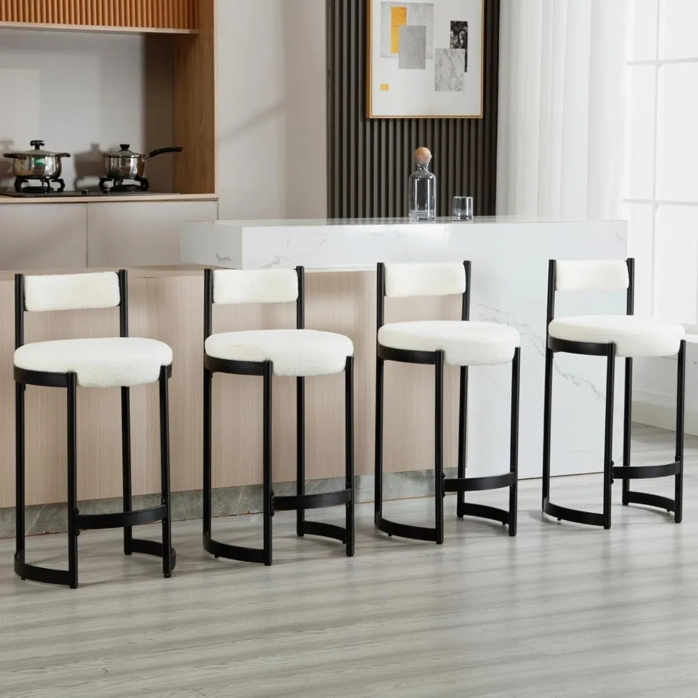 

26'' Modern Bar Stools Set of 4, Boucle Upholstered Barrel Counter Height Bar Stools with Backrest Black Metal Frames