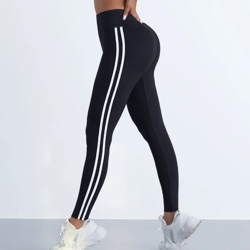 Legginsy do jogi damskie w paski, wyszczuplające spodnie sportowe z wysokim stanem, modelujące biodra, codzienne legginsy, elastyczne legginsy do ćwiczeń, biegania i na siłownię.