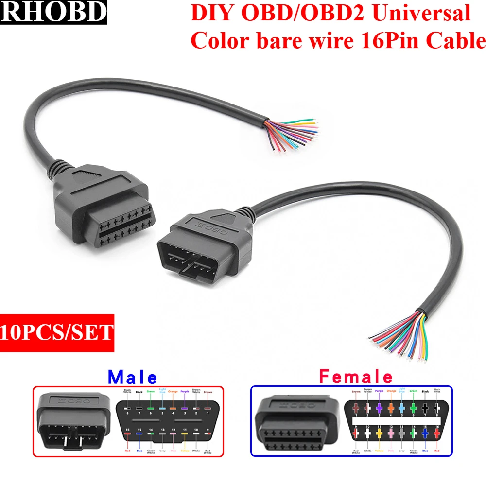 

10 шт./компл. OBD2 16-контактный автомобильный диагностический интерфейс адаптер OBDII 30 см 16-контактный разъем «мама/папа» для удлинения OBD-кабеля с открытием OBD