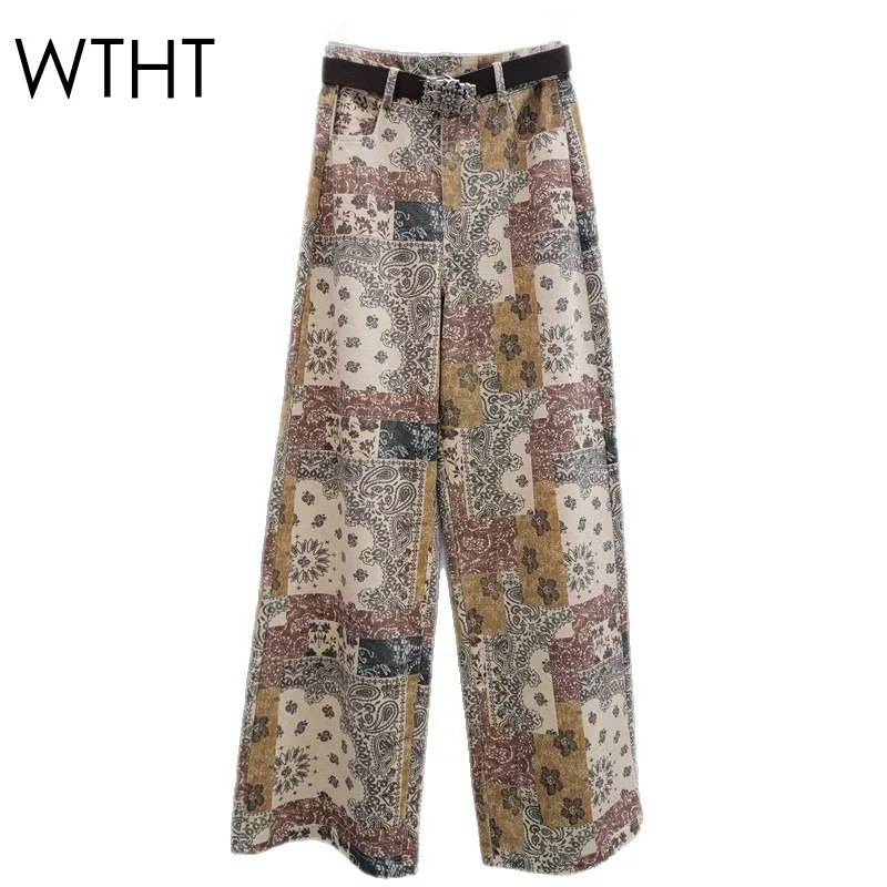 

WTHT 2025 Summer New Trendy Women's Irregular Print Design Straight Jeans Fashion High Waist Wide Leg Denim Pants Female 1LS1946