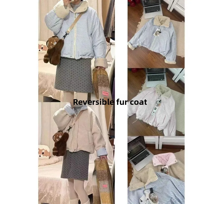

Осень-зима Thiened Lamb Cotton Jaet двустороннее женское свободное корейское пальто в полоску с воротником-стойкой на подкладке