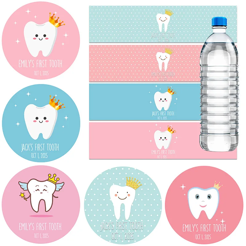 Custom Name Baby Girl Boy First Tooth Party Decor Label Stickers Water Bottle Labels Personalized Birthday Baby Shower Decor