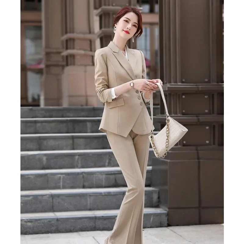 Women High Quality Asymmetric Formal Pant Suit 5XL Fashion Beige Khaki Blazer 2 Piece Set OL Ladies Winter Jacket With Trousers