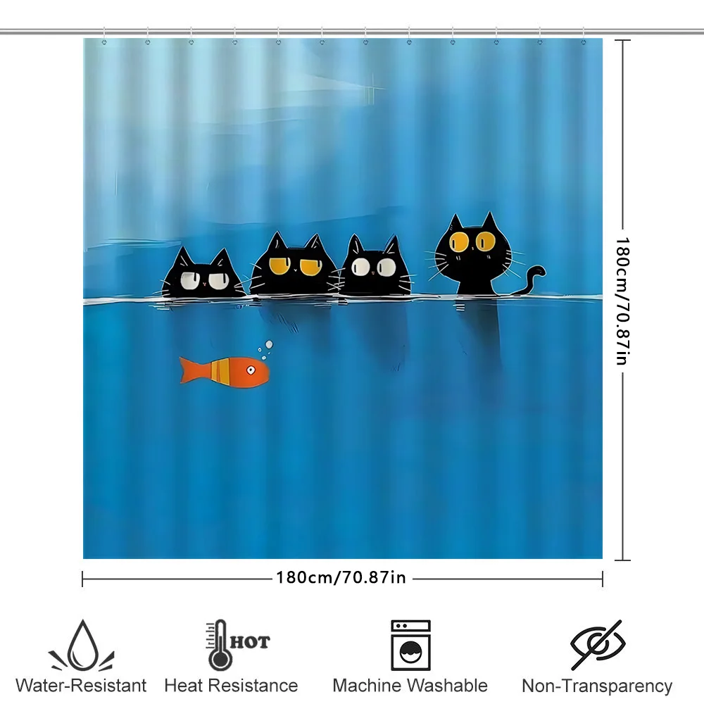

Очаровательная занавеска для душа с черным котом, рыбный узор, декор для ванной комнаты, водонепроницаемая, устойчивая к плесени, легко чистится, нержавеющие крючки ‌