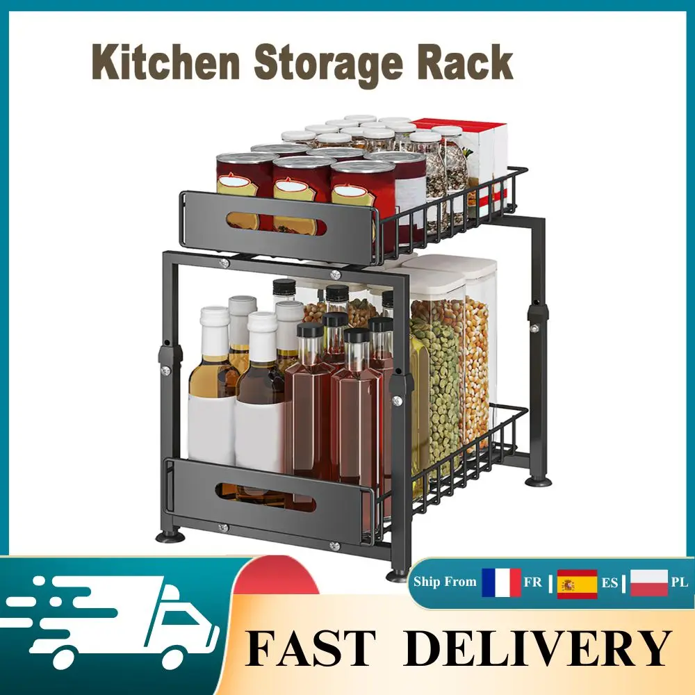 Organisateur de cuisine : Panier coulissant pour armoire, étagère de rangement sous évier, support métallique réglable à double niveau pour bols, assiettes et condiments