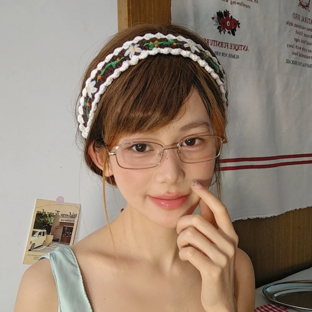 

Fashion Embroidered Knitted Flower Headband Woolen Yarn Sweet Crochet Hair Band Thin Soft Pastoral Style Hair Band Girls