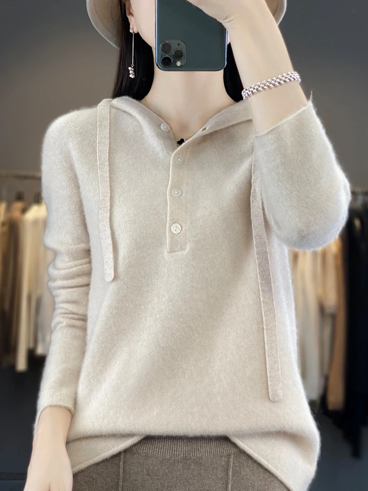 Autumn and Winter New Women's 100% Pure Merino Wool Hooded Casual Pullover Wool Sweater Seamless Knitted on One Side