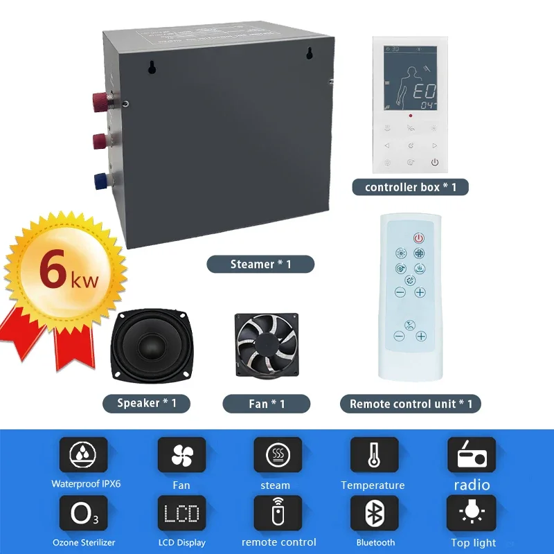 220V 6KW Bathroom Steam Shower Bluetooth FM Radio Control Sauna Generator LCD Touch Screen Display For Steam Room 5-8 CBM CE