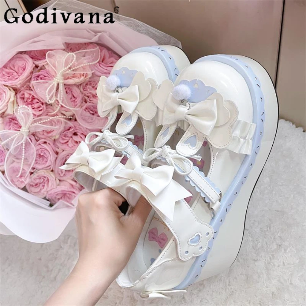 

Sweet Girl Casual Lolita Platform Heels Japanese Kawaii Bow High Heels Elegant Princess Leather Shoes