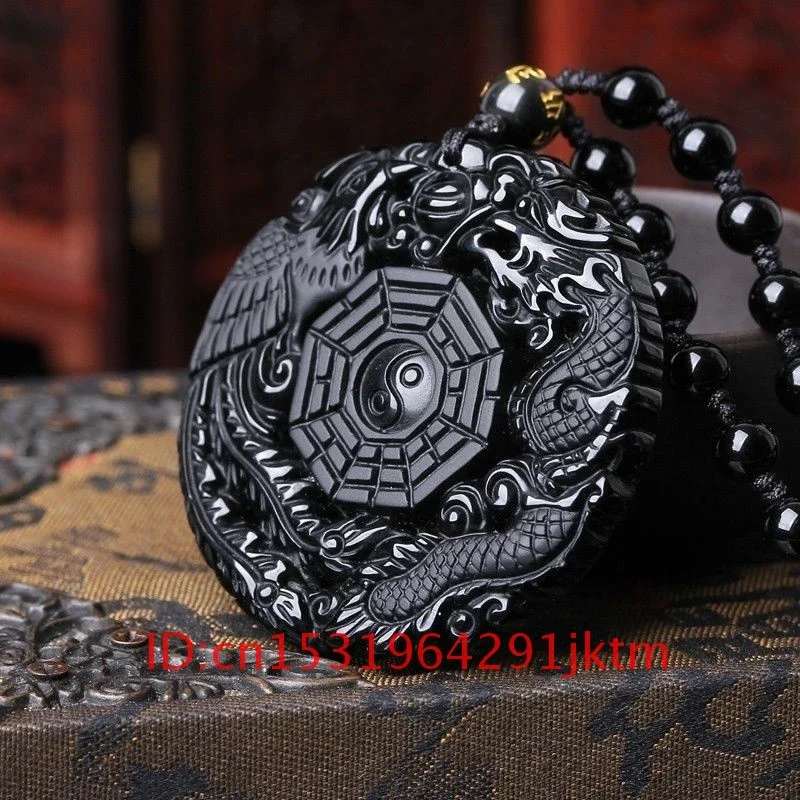 

Obsidian Dragon Phoenix Pendant Necklace Gifts Chinese Charm Beads Fashion for Jewelry Natural Women Amulet Black Jade