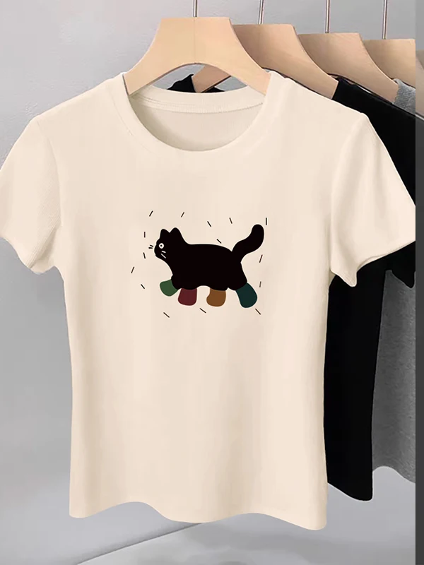 패셔너블한 여성용 캐주얼 슬리 여름 상의 한국 버전 슬림 핏 면 폴리에스터 혼방 라운드 넥