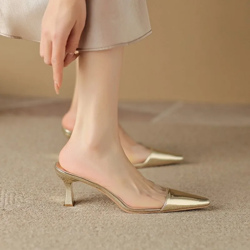 

Gold Silver PVC High Heels, Fashionable and Elegant Women's Slim Heeled Pointed Slippers, 2023 New Zapatos Para Mujeres