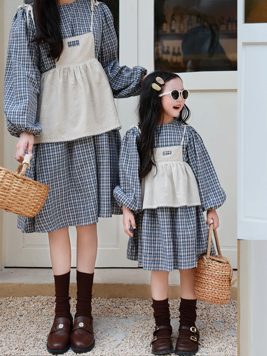 Family Matching Clothes Spring Autumn Plaid Dress Mother Daughter Sweet Vest + Dress 2PCS/SET Kids Girl Dress Set